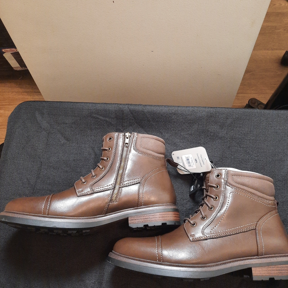 NWT Mens Side Zip George Brown Faux Leather Lace-Up Boots